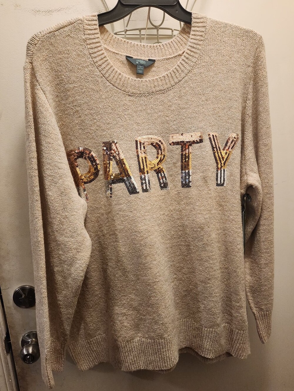 Terra & Sky Women's Plus Holiday Talking Sequin 'PARTY' Crewneck Sweater Neutral